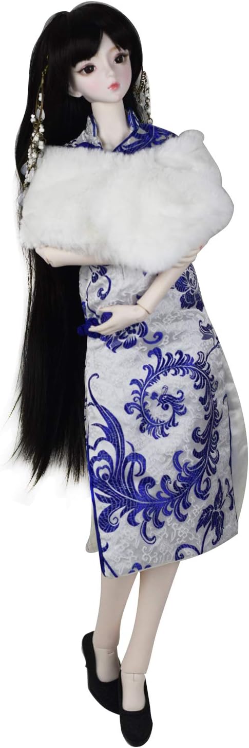 EVA BJD Retro Girl BJD Doll 1/3 25in 19" Ball Jointed Doll Full Set,Cheongsam + Wig + Shoes + Shawl + Makeup (White Blue)