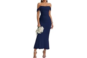 KUTUMAI Off The Shoulder Maxi Long Dress Corset Ruched Bodycon Formal Wedding Guest Dresses for Women