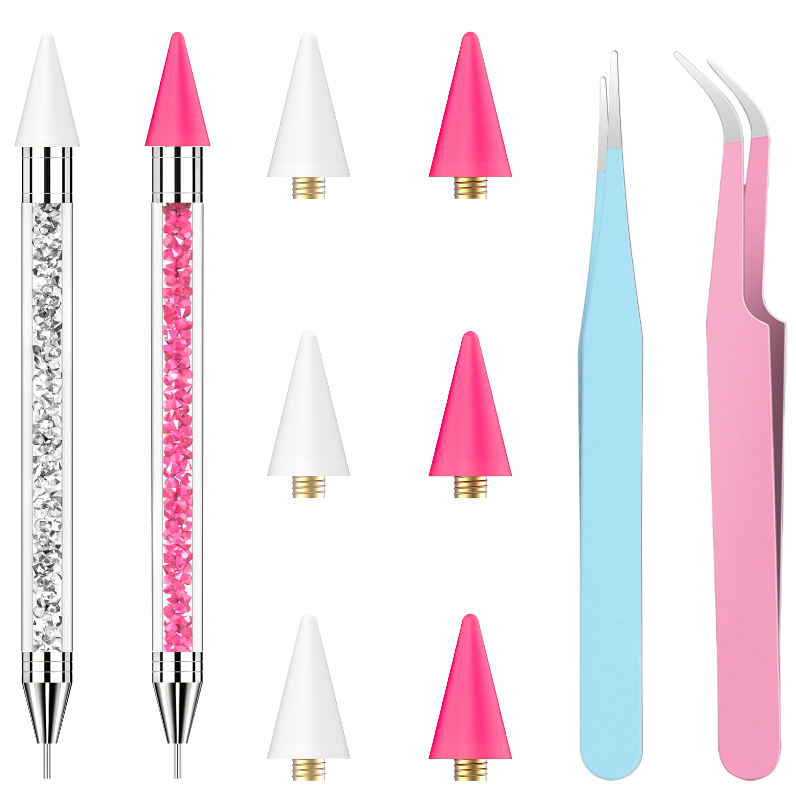 Photo 1 of OIFEN Rhinestone Picker Tool,2 Wax Pencil for Rhinestones, Dual-Ended Rhinestone Applicator Wax Pen Gem Picker Tool with 6 Extra Wax Tips and 2 Tweezers (Pink+White)