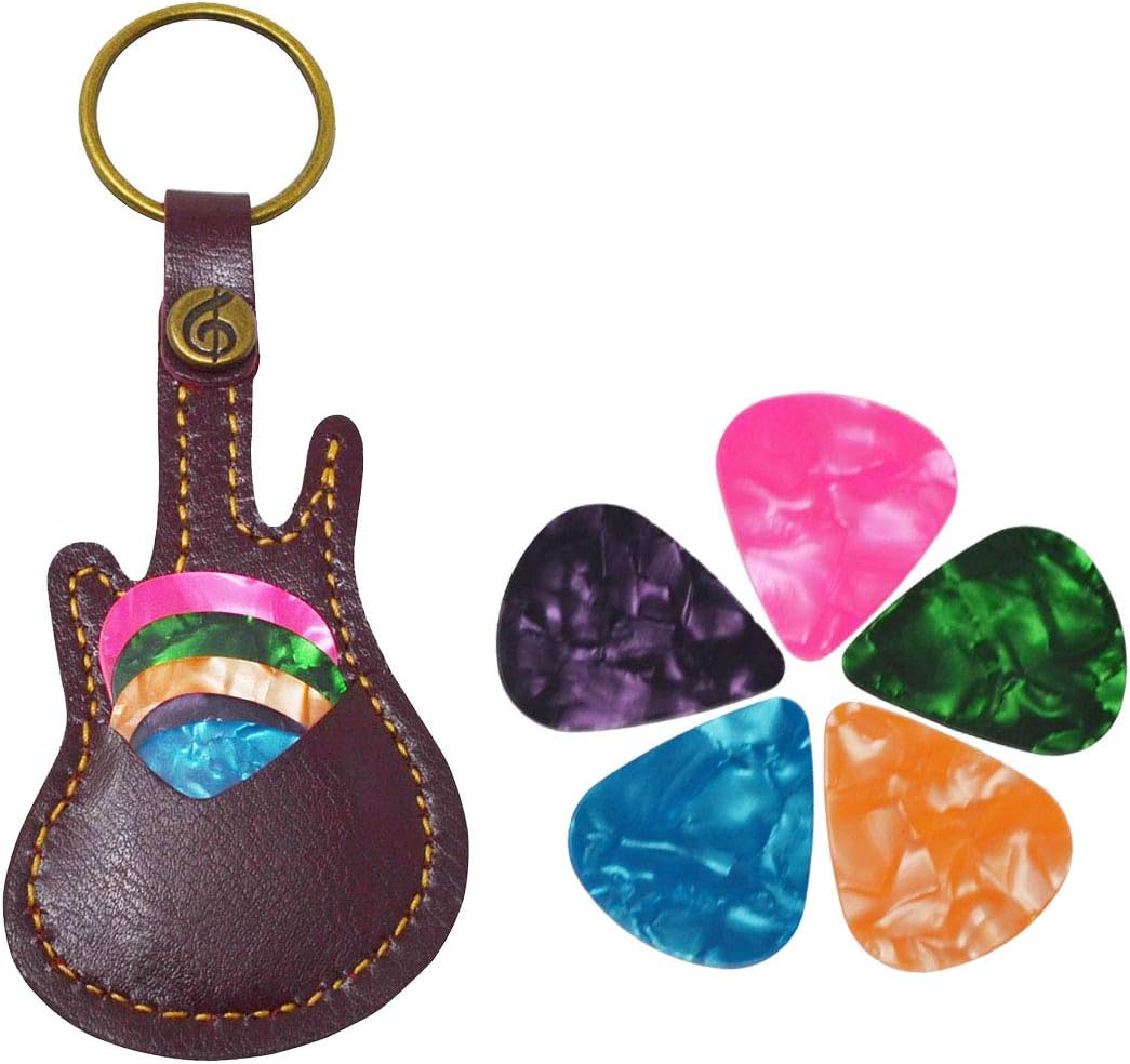 Guitar Pick Holder Leather Keyring Keychain Case for Guitar Pick Bag with 5Pcs Plectrums Gift, Red Pick Bag
