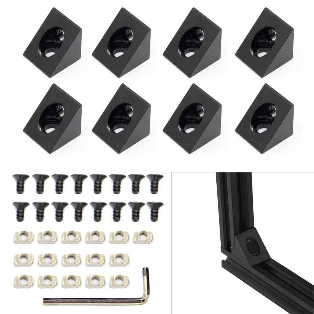 Yeebyee 2020 Aluminum Angle Corner Bracket with M5x10mm Screws and T-Nuts for 6mm Slot 2020 Series Aluminum Extrusion Profile, 8pcs/Pack (Black-Angle Corner)