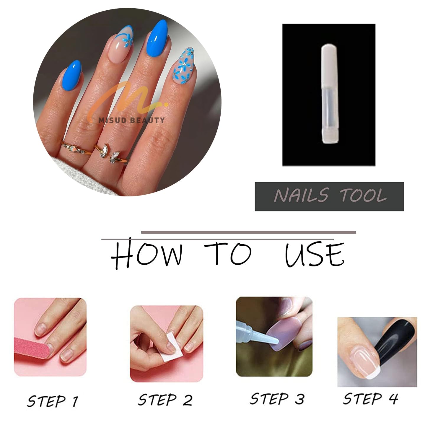 MISUD Press on Nails Short Almond Fake Nails Glossy Glue on Nails Summer Blue Acrylic Nails Stiletto Artificial Nails Cute Flower Stick on False Nails with Design 30pcs - Image 6