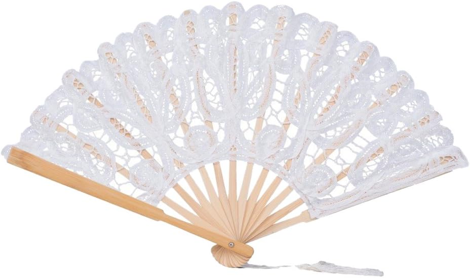 Handheld Folding Hand Fan Elegant Womens Cotton Lace Fan Lady’s Girls’s Vintage Retro Folding Handmade Hollow Fan for Wedding Party Favor Fancy Dress