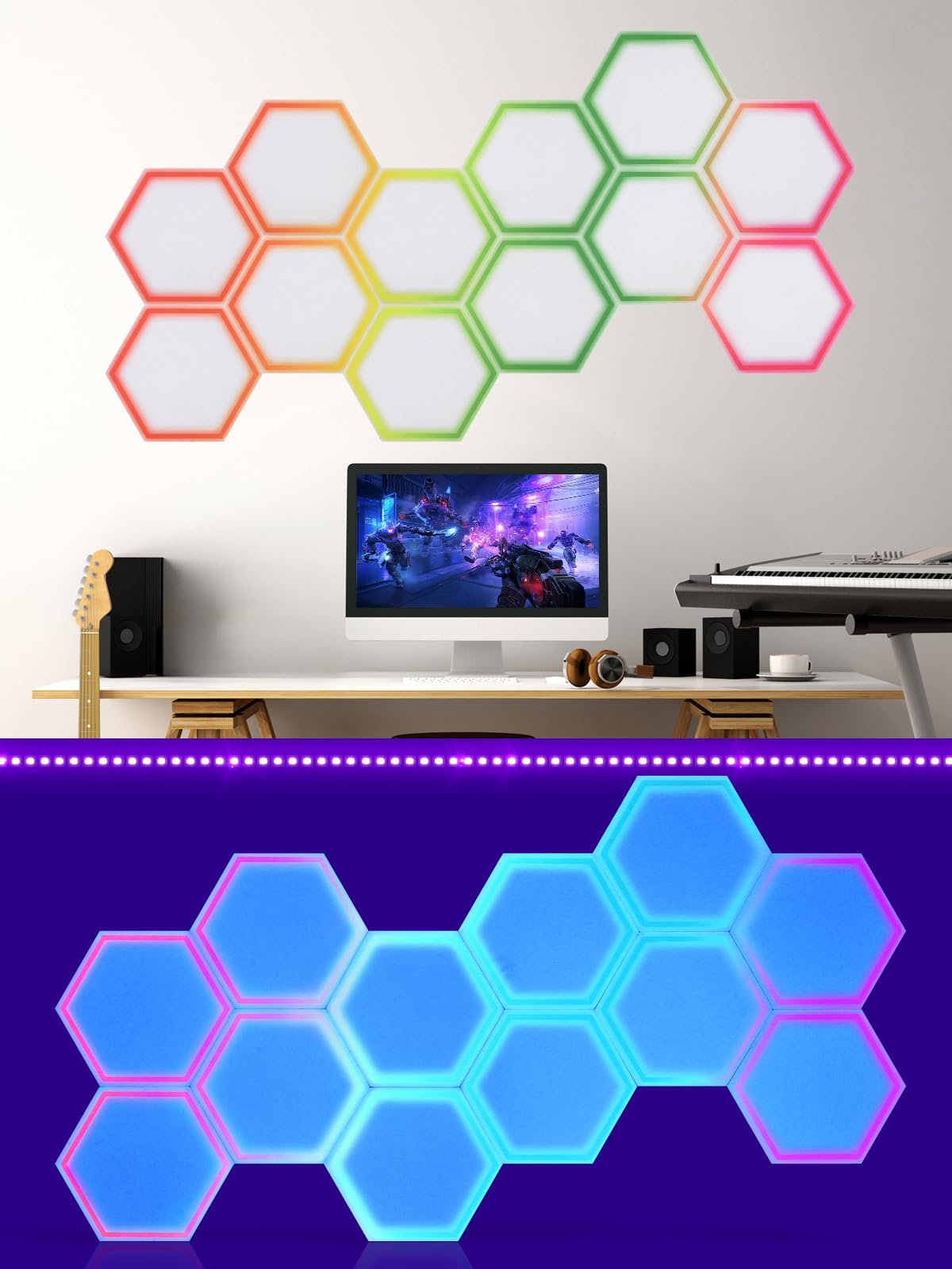 Photo 1 of 12 Pack Blacklight Acoustic Panels, 14"X 12" X 0.4" Hexagonal UV Reactive Sound Proof Panels for Wall, Sound Absorbing with Self-Adhesive, DIY Decor for Computer Game Room, Bedroom