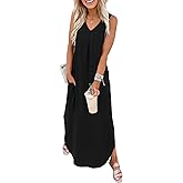 OFEEFAN Maxi Dresses for Women 2026 Loose V Neck Sleeveless Casual Beach Vacation Dress Side Slit Sundresses with Pockets