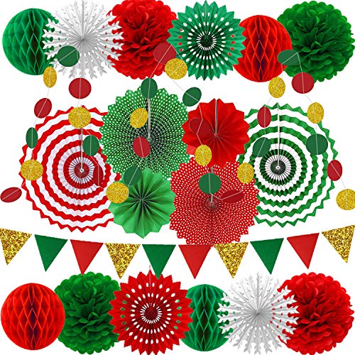Christmas Party Decorations Paper Fans,Garlands String Circle Dot,Triangle Bunting Flags, Honeycomb Ball,Paper Tissue Pom Poms,Party Supplies for Christmas Birthday Wedding Baby Shower