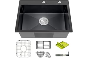KOARDINK Black Kitchen Sink, Topmount Stainless Steel Bar Sink 25x18x9 Inch Drop In Single Bowl Sink With Accessories-SS Grid,Strainer Basket,Soap Dispenser,Drain Assembly Set For Modern/Classic Kitchen