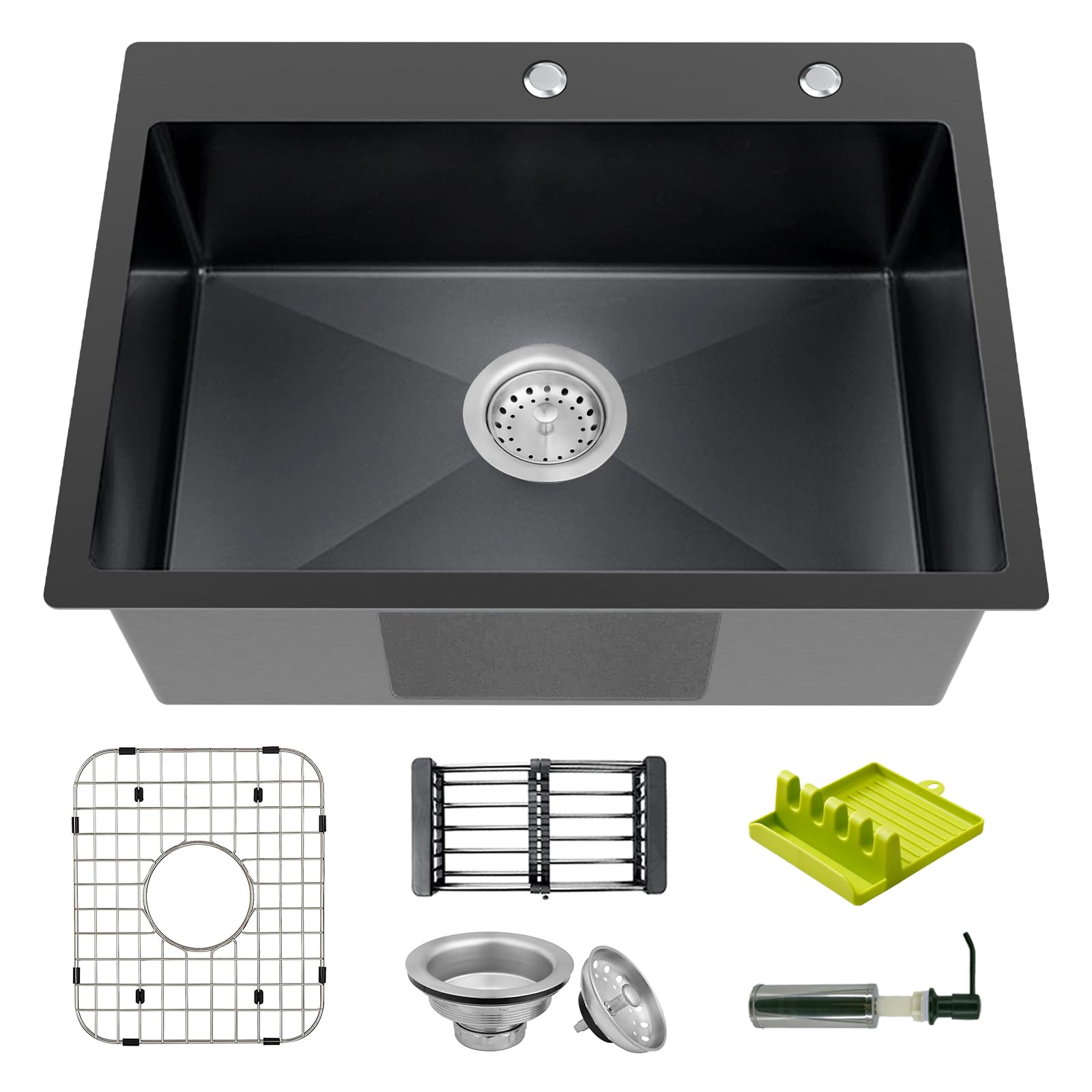 Noliven 22x18 Inch Black Drop-In Kitchen Sink – 18-Gauge Stainless Steel Single Bowl With Strainer, Grid, Lotion Dispenser & Drain Kit (Bar/Laundry Ready)