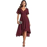 Ever-Pretty Women's Wedding Guest Dress Chiffon V Neck Ruched Short Sleeves Midi High Low Birthday Semi Formal Dresses 02088