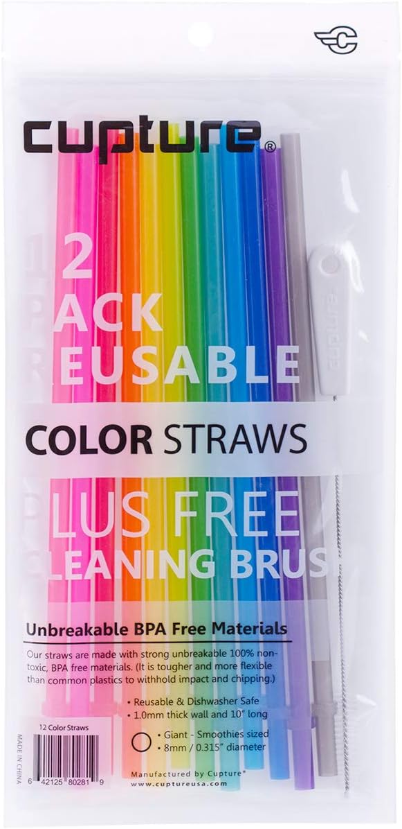 Cupture Reusable & Unbreakable Color Straws - 12 Count + Free Brush (12 solid colors)