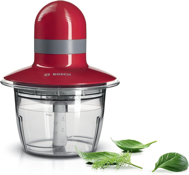 Bosch - Picador, 400 W, Rojo, gris, Cuchillas acero inoxidable, Recipiente 800 ml, MMR08R2