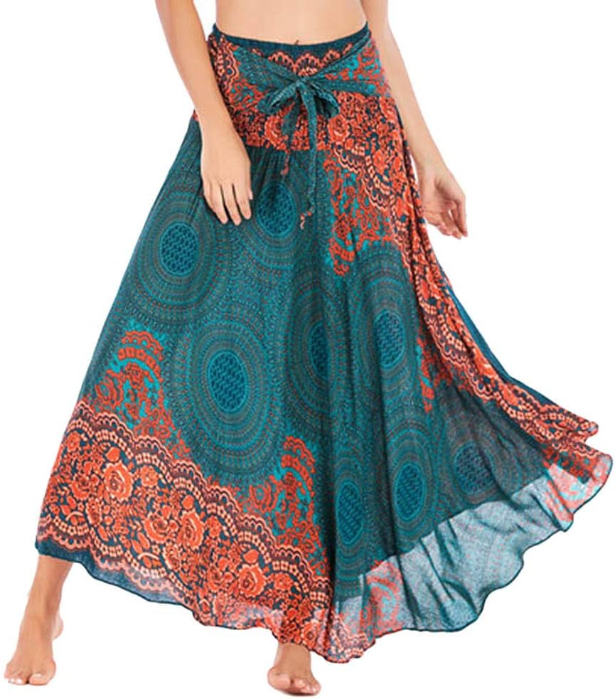 Elastic Waist Skirts For Women Gypsy Bohemian Dress Halter Ankle Length Skirt Empire Floral Dress WNGO Sexy Casual Summer Boho Maxi Dress Ladies Party Loose Sundress for Beach Holiday Daily Wear
