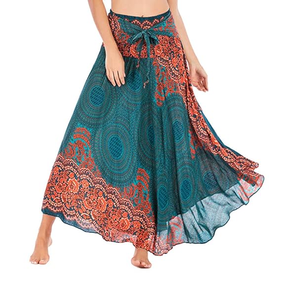 Geilisungren Damen Bohemian Maxi Rock Hippie Gypsy Boho Kleid Ethnisch Stil Blumendruck Hohe Taille Lange Röcke Frauen Elegante Rayon Festliche Halterrock Strandkleider Sommerkleid