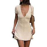 LOFAAC Women Sexy V Neck Button Down Knitted Short Dress Slim Fit Cap Sleeve Flowy Swing Going Out Mini Dress Summer