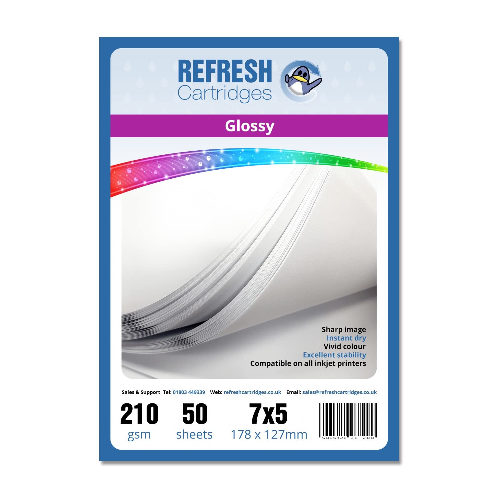 Refresh Cartridges Glossy Coated 7x5" Professional Inkjet Photo Paper 210gsm - 50 Sheets