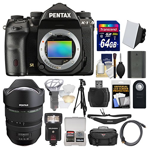 Pentax K-1 Full Frame Wi-Fi Digital SLR Camera Body with 15-30mm f/2.8 WR Lens + 64GB Card + Case + Battery + Flash + Soft Box + Diffuser Kit