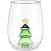 Slant Holiday Party Supplies - Wine Glasses Stemless Drinking Glass with 3D Figurine, 16-Ounce, Christmas Tree