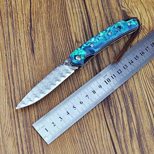 KUBEY Beautiful Pattern Steel Folding Knife with Lanyard Hole, Abalone
