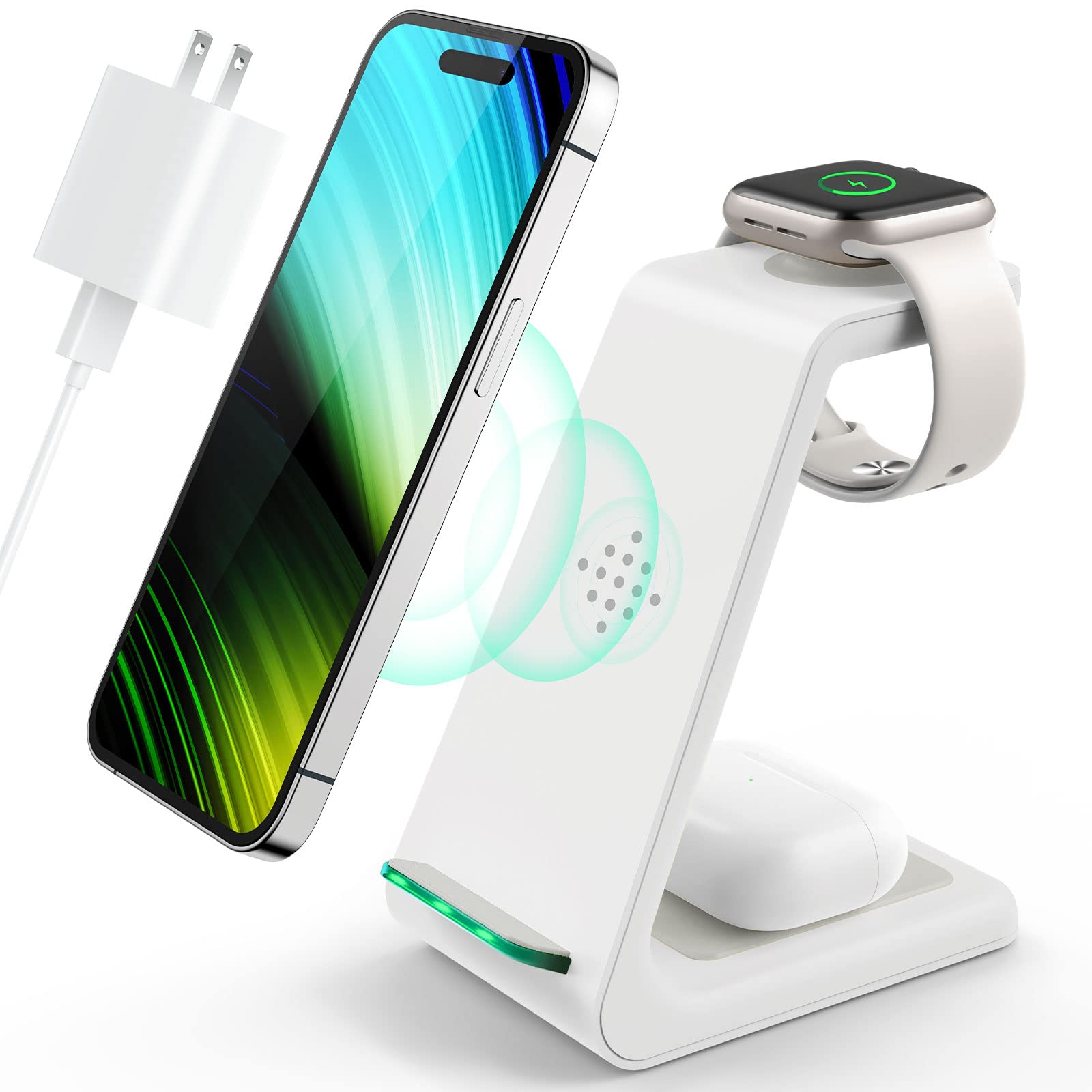 Photo 1 of 3 in 1 Wireless Charging Station, 2025 Upgraded Fast Desk Charger Station for iPhone 16 15 14 13 12 Pro Max Plus, Charger Stand for Apple Watch 10 9 8 7 6 5 4 3 2 SE, Airpods 4 3 2 Pro (White)