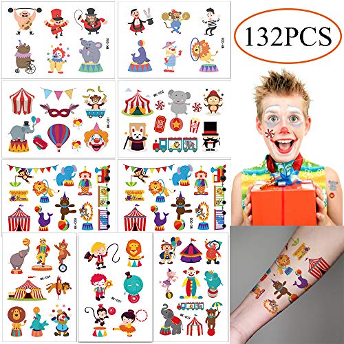 132PCS Circus Temporary Tattoos for Kids - Carnival Baby Shower/Birthday Party Supplies Under the Big Top Party Goodie Bag Stuffers Favors(16 Sheets)