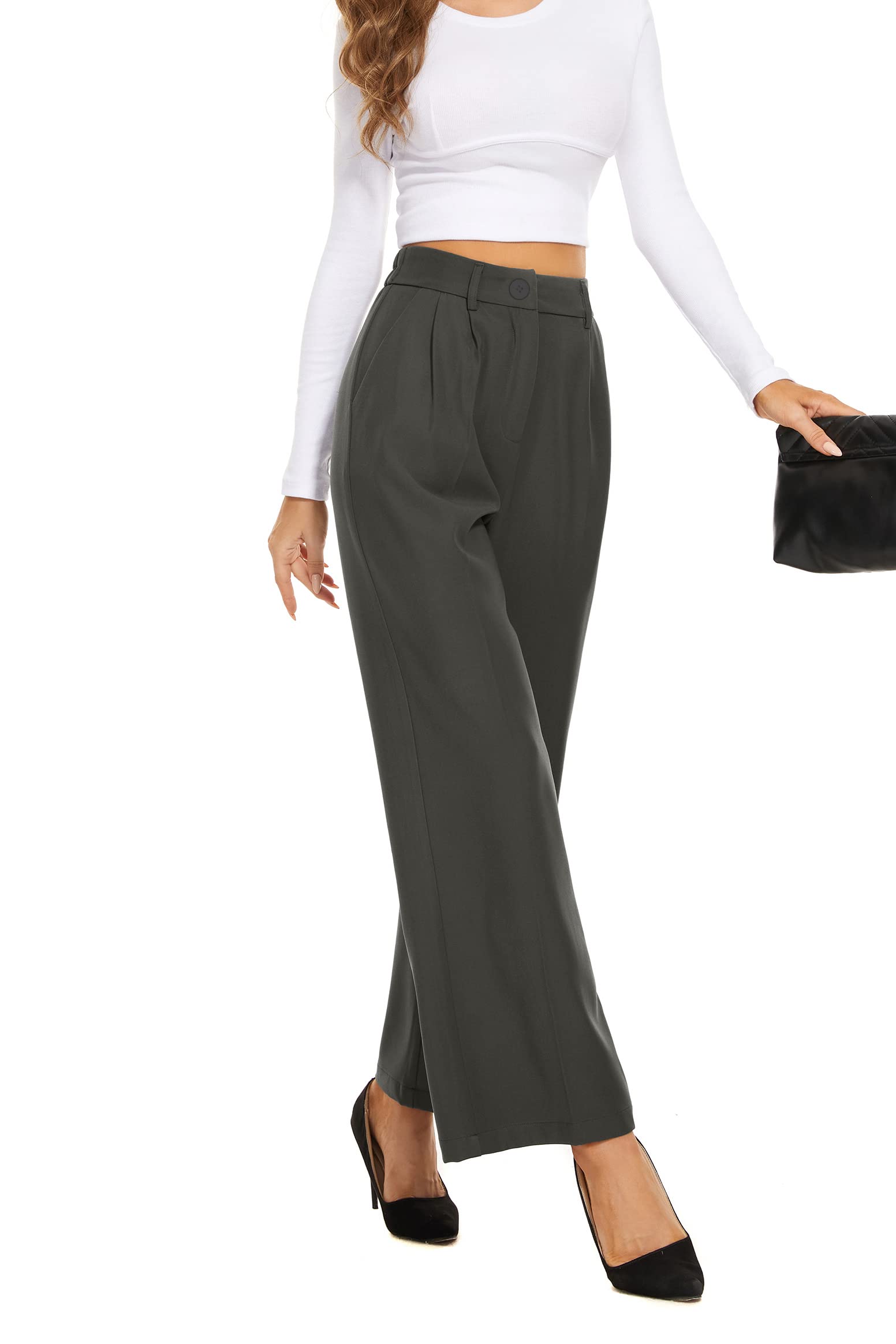 thumbnail interactive-video image 1 of Women's High-Waisted Wide Leg Pants - Elastic Back, Pleated Front, Straight Leg Trousers For Work & Casual Wear 1 of 12