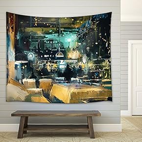 Painting Showing Colorful Interior of Bar and Restaurant at Night - Fabric Wall Tapestry Home Decor - 51x60 inches