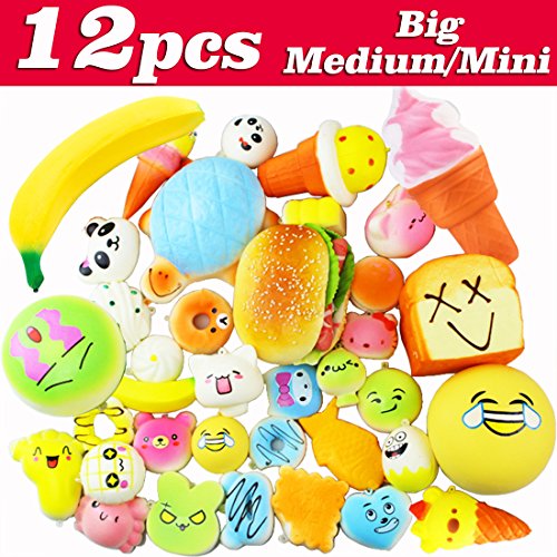 12 Pack Squishies Slow Rising Jumbo 3 Medium 8 Mini, Panda Bun Cat Cake Food Fruit Banana Bread Loaf Ice Cream Animal Party Favors Squishy Stress Reliever Kids Toys Soft Scented for Girls Boys Adults