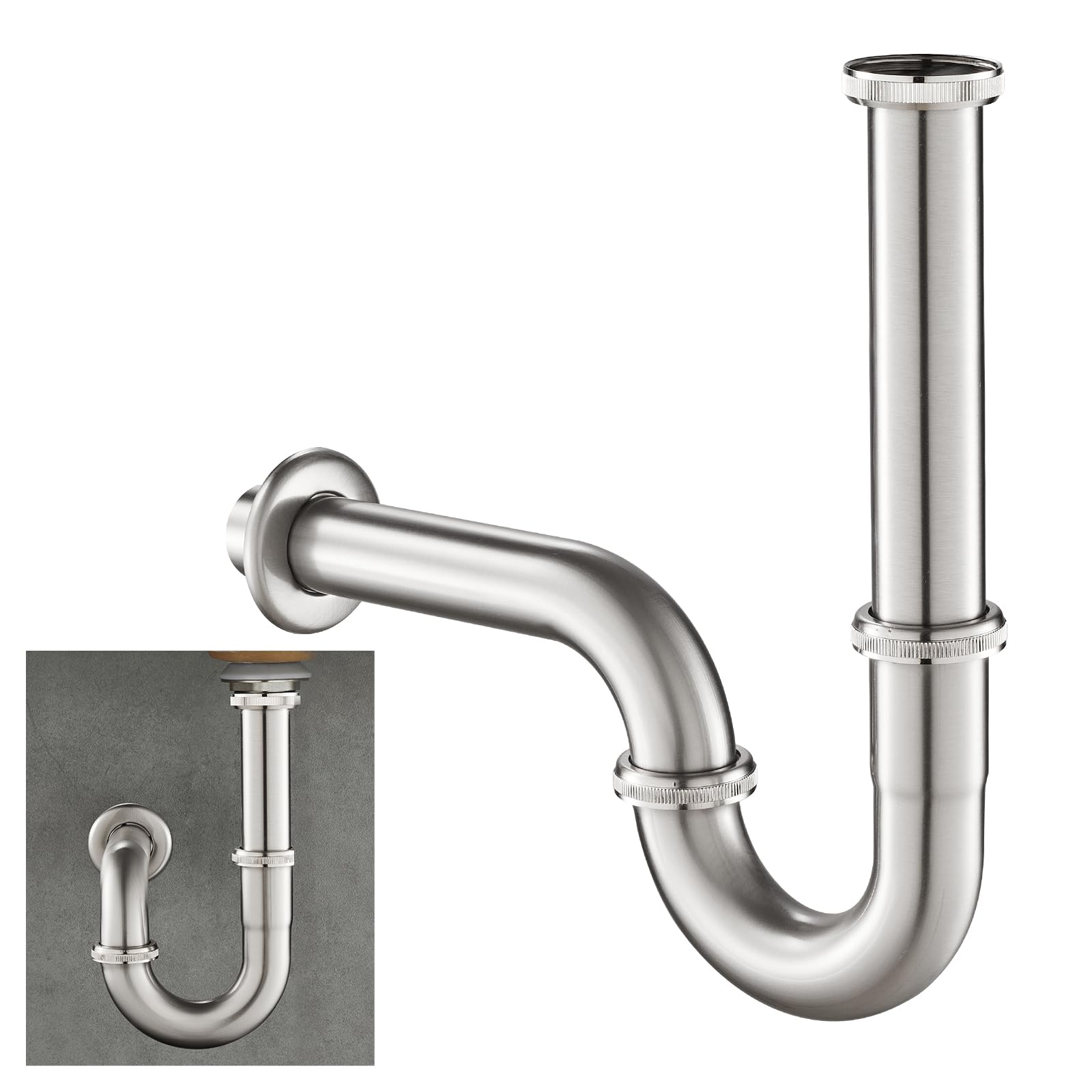 KEOKBON Bottle Trap Flat, G1 1/4 Brass Basin Waste Bottle Trap Set Height Adjustable P Trap Waste Odour Traps Plumbing Drain Pop-up Drain, Nickel Brushed