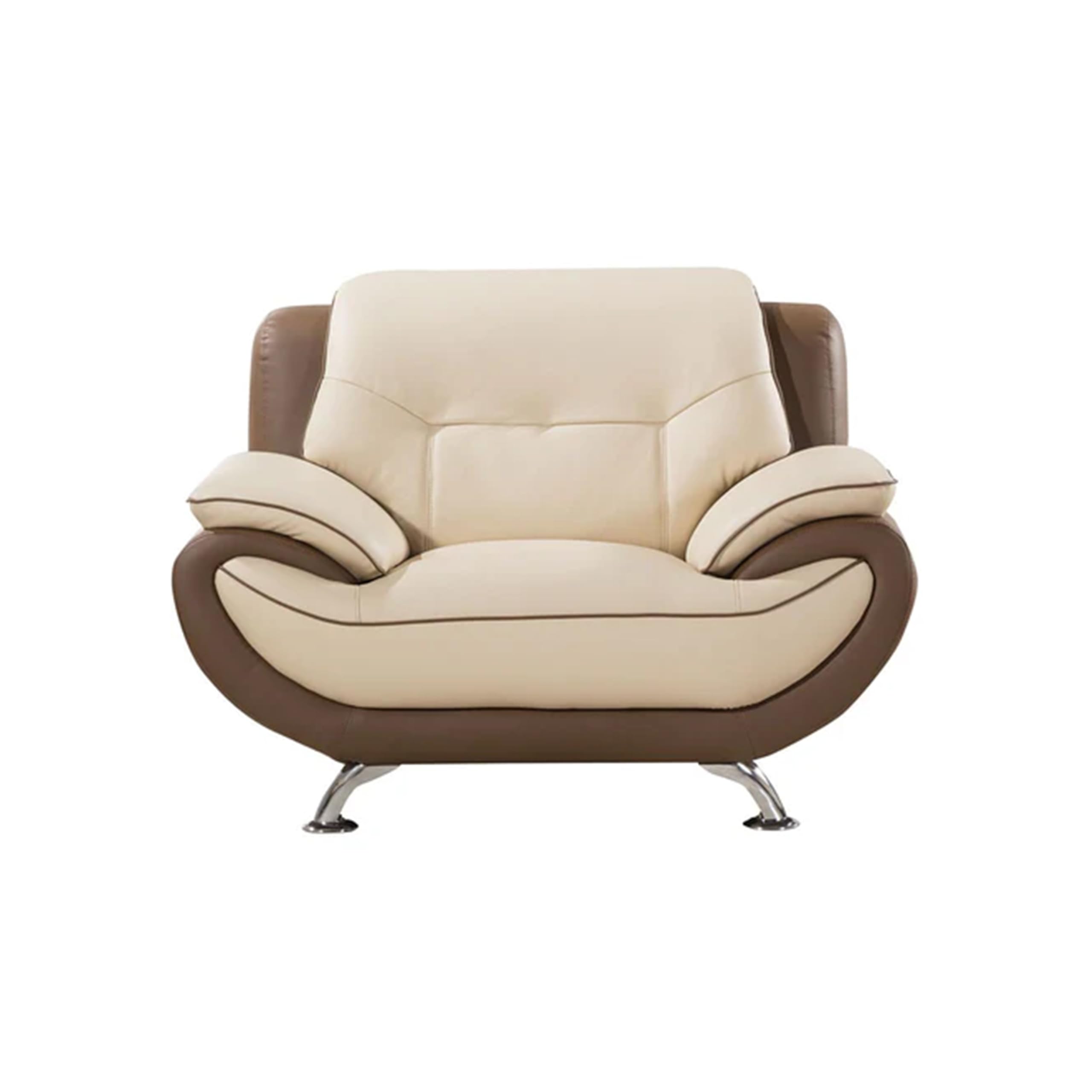 View 1 of ***RIP ON BOTTOM. MISSING LEGS -SELLING AS IS ONLY*** 
Benjara Diana Accent Chair, 2 Tone, Leather, Cream, Taupe Brown and Chrome 
 ***(SOME DUST RESIDUE, NOT IN BOX)***