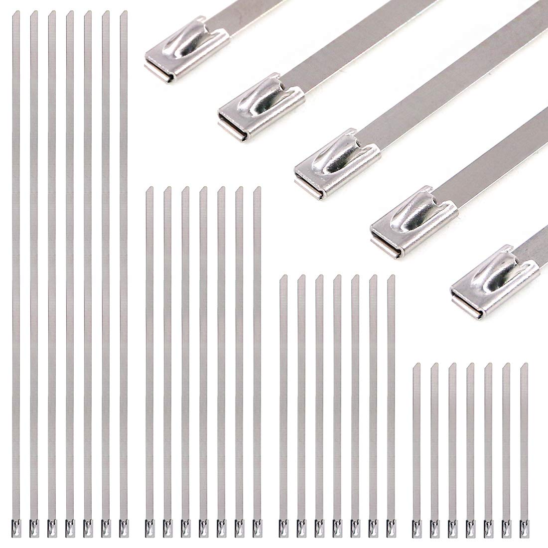 Glarks 100Pcs 3.9'' / 5.9'' / 7.9'' / 11.8'' Long 304 Stainless Steel Exhaust Strap Wrap Coated Locking Zip Cable Ties Set