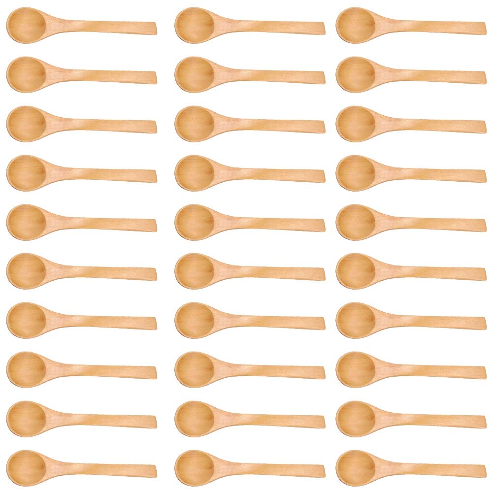 30pcs Wooden Spoons for Dishwasher Cooking Mini Natural Spoon Children Eating Kitchen Condiment Tools Ice Cream Sugar Honey Teaspoon (4.9 Inches)