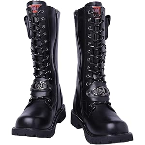 NEGYANME Mens Knee High Gothic Combat Boots Leather Lace Up Chain Pocket Decor Round Toe Chunky Heel Punk Boots For Party Cos
