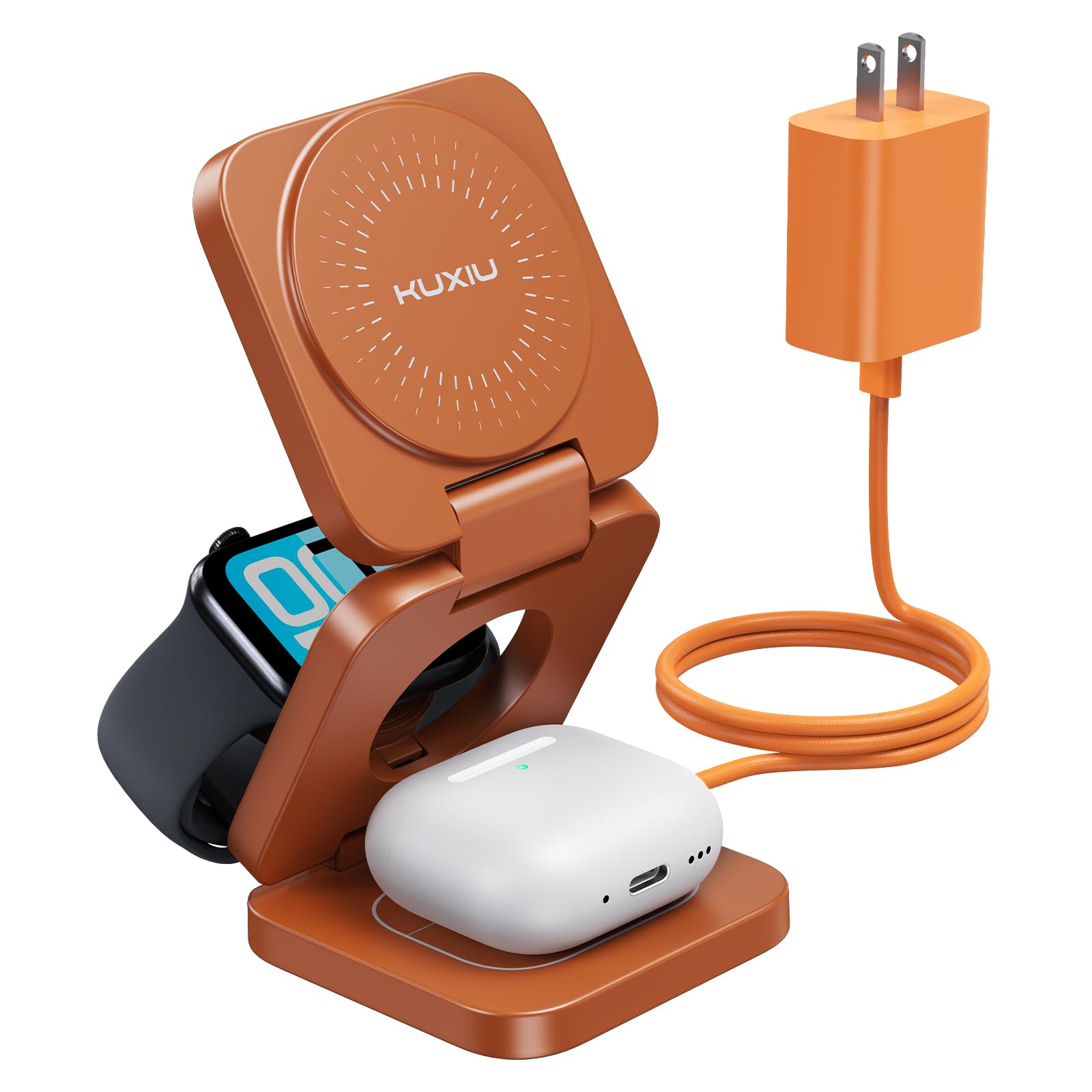 KU XIU Qi2.2 25W 3-in-1 Charging Station for Apple Device, Foldable Magnetic Charger for iPhone 17/16, 5W for Apple Watch & AirPods, Fast Travel Wireless Charging Stand with 45W Adapter