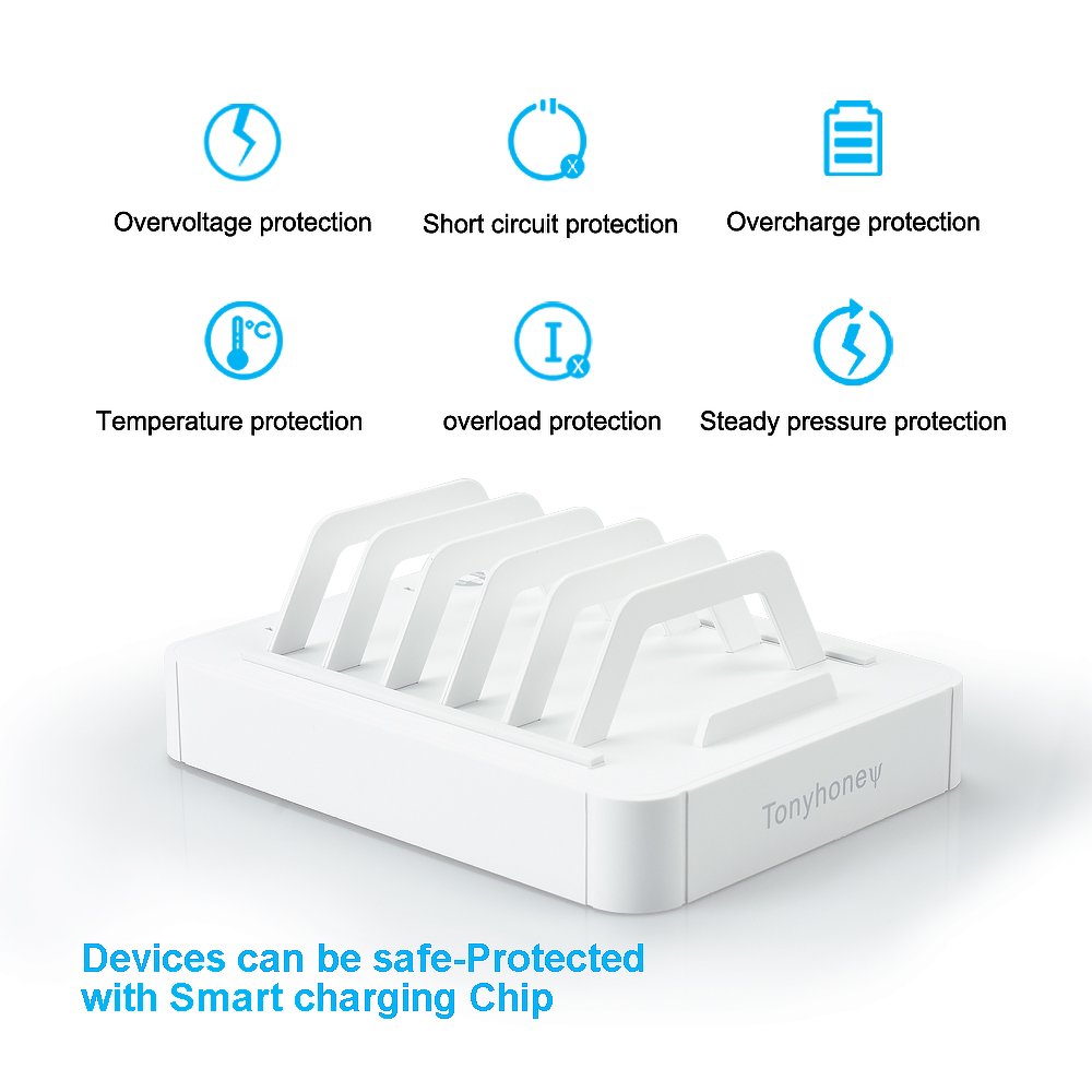 USB Charging Station,Tonyhoney 6-Port Detachable Universal USB Charging Station Dock Stand with Innovative Removable Baffles Organizer for Smart Phones & Tablets