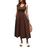Mieazom Women Summer Sleeveless Casual Dresses Pleated Waist Elegant Midi A-Line Flowy Swing Dress Sundress with Pockets