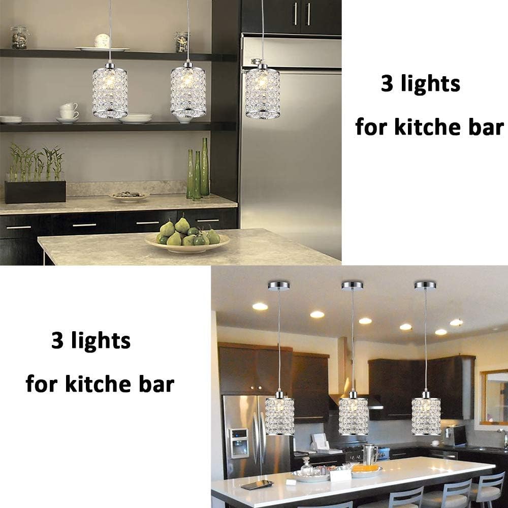 Cuaulans 3 Pack Modern Chrome Crystal Ceiling Pendant Lighting, Adjustable Pendant Light Fixture for Kitchen Dinning Room Bedroom: Home Improvement