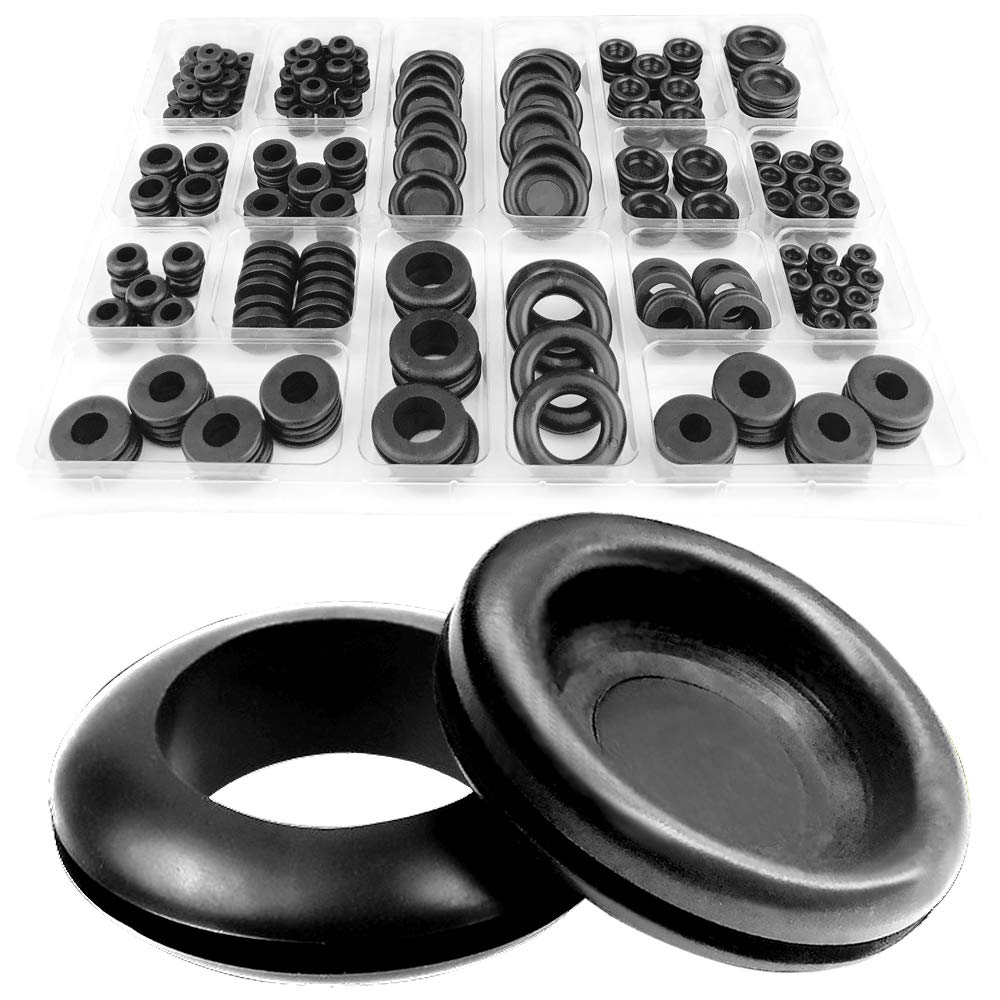 DSL Grommet Kit, 200pcs 18 Sizes Black Rubber Grommets for Holes Electrical Wire Gaskets Assortment for Cables, Wires, Hobs, Cars, Plugs, Electrical Conductor