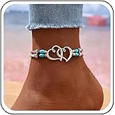 Yheakne Bohemian Double Heart Ankle Bracelet Layered Turquoise Anklet Bracelets White Rice Bead Chain Anklet Hollow Love Heart Anklets Foot Chain Summer Beach Jewelry for Women