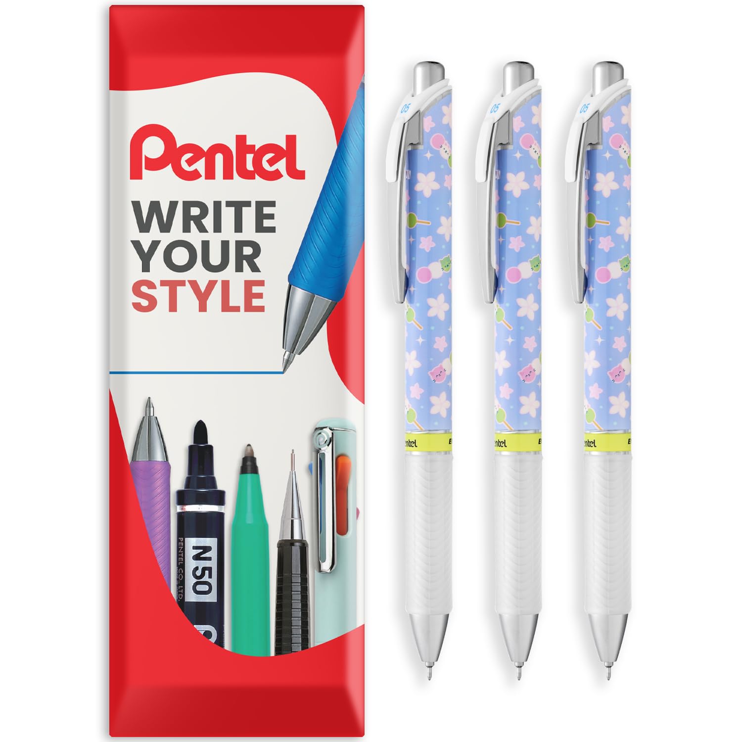 Pentel Energel BLN75 Retractable Gel Ink Rollerball Pen - 0.5mm - 54% Recycled - Black Ink - In Envelope Gift Packaging (3 Pack, Dango)