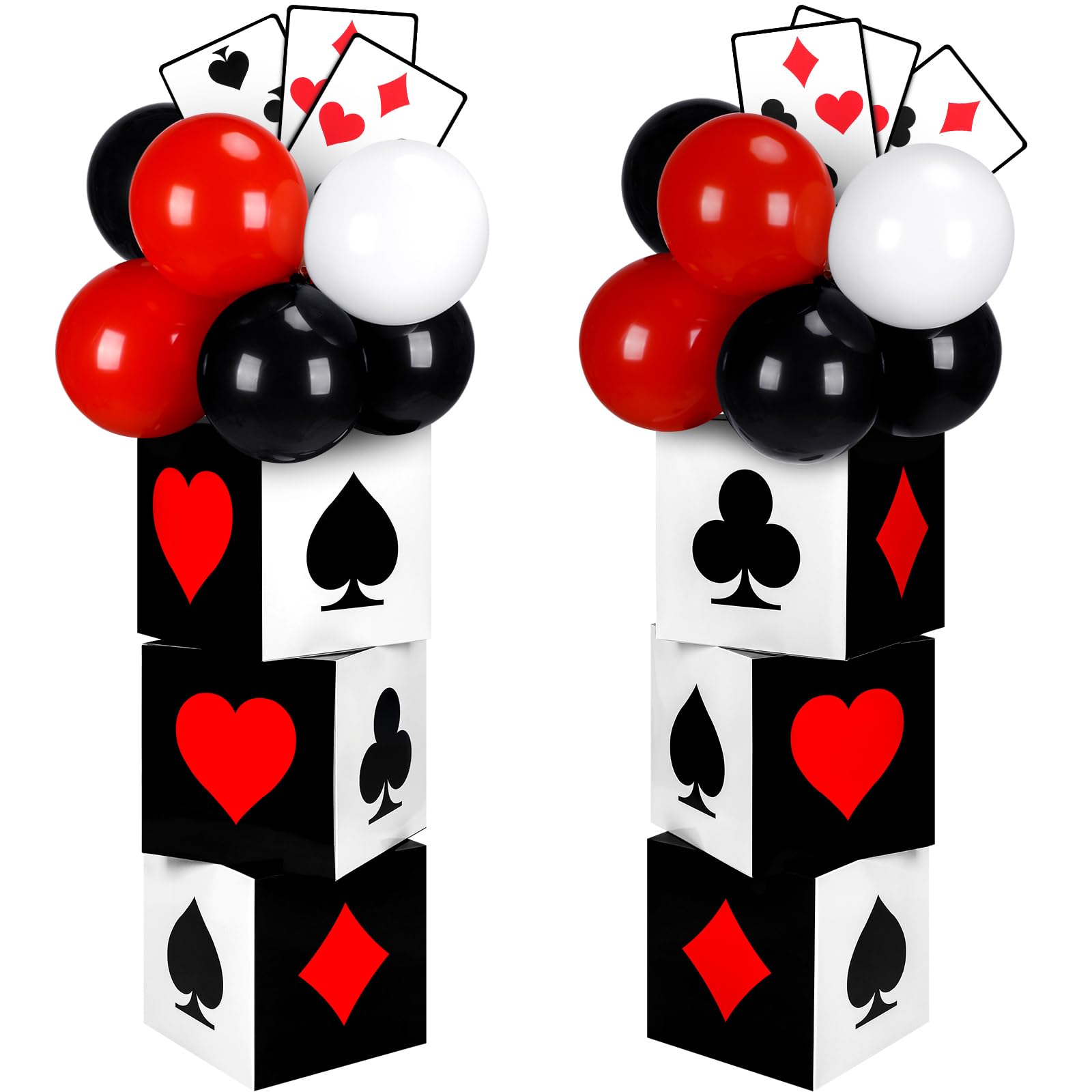 Photo 1 of Vertintong 60 Pcs Casino Themed Party Decorations Set 6 Pcs 11 Inch Large Casino Poker Favor Boxes 6 Jumbo Poker Cards Accessory 48 Pcs Red Black White Balloon for Las Vegas Game Night Party Decor