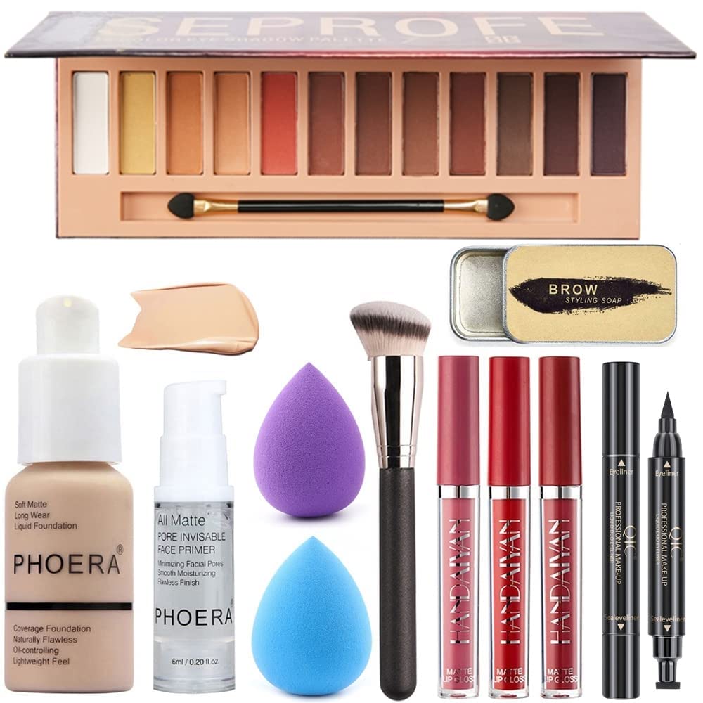 All in One Makeup Set - 12 Color Eyeshadow Palette, Matte Foundation, Face Primer, 3 Color Liquid Lipstick, Eyebrow Soap, Winged Eyeliner Stamp, Makeup Brush, Sponge - Set A