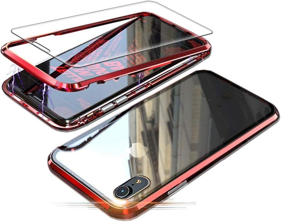 TENGMAO iphone xs max magnetic case,6.5 Inch Slim Clear Case Magnetic Adsorption Metal Bumper Glass Case Cover Shock-Absorption, Anti-Scratch,HD Clear[enhanced version][with Screen Protector] red