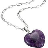 DPHINI Natural Gemstone Heart Necklace for Women - Real Healing Stone Crystal Pendant on Trendy Paperclip Chain - Silver Stainless Steel Chakra Gemstone Jewelry - Spiritual Birthstone Gift for Mom, Her (Amethyst)