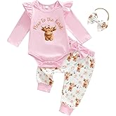 COORALLY 3PCS Western Baby Girl Outfit Ruffled Long Sleeve Romper Bow Cow Print Pants Headband Set Cowgirl Clothes