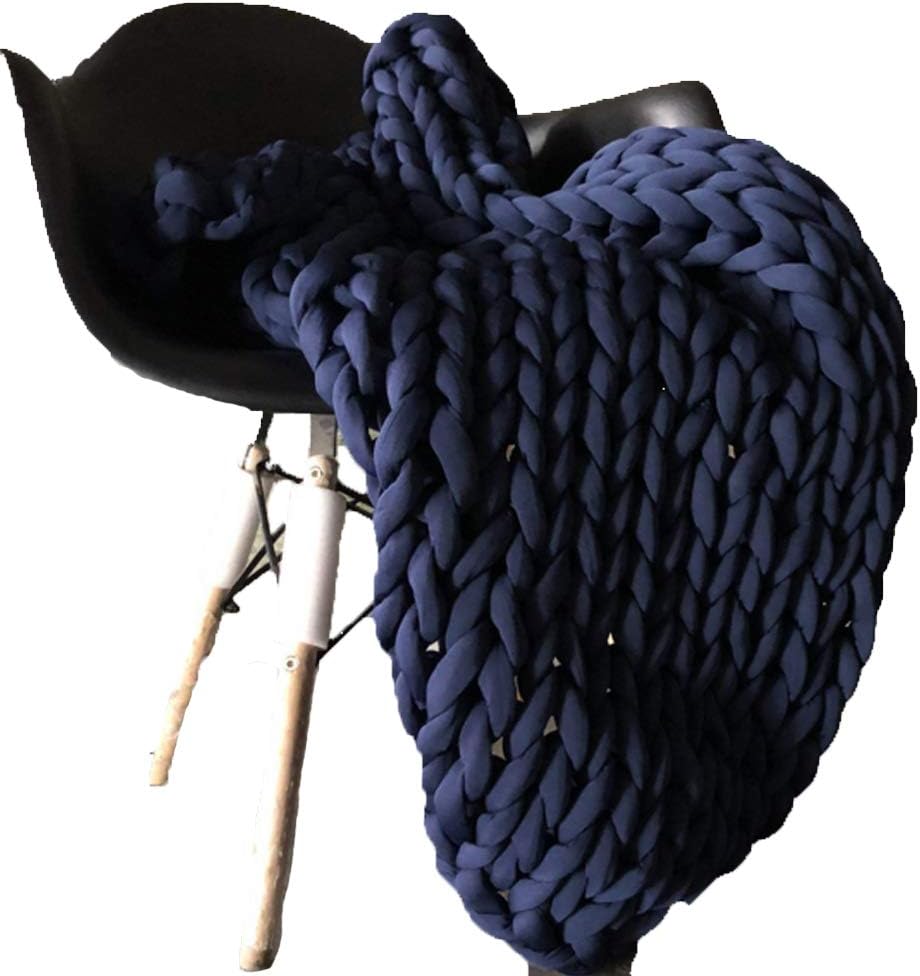Soft Handmade Knit Throw Navy Blue Chunky Blanket Braid
