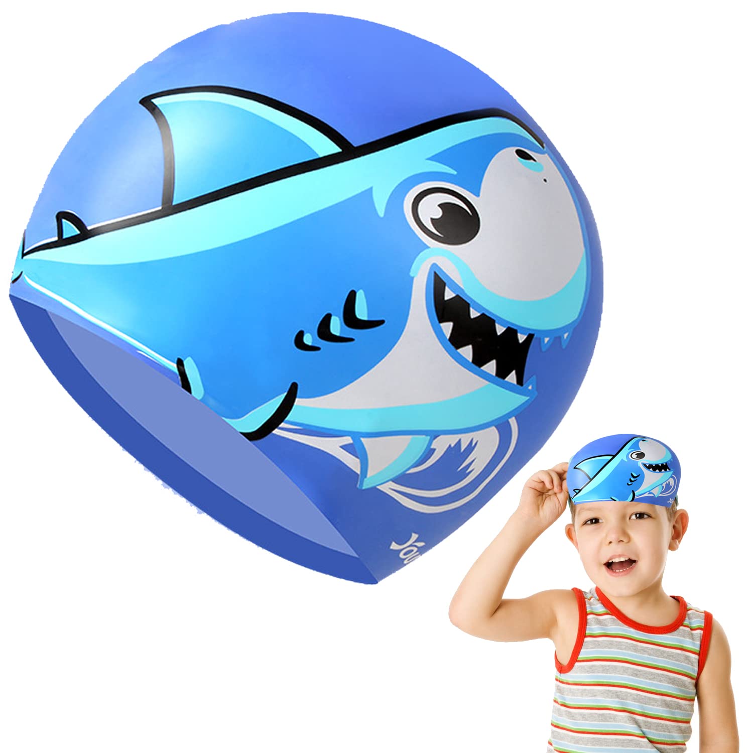 WUBAYI Kids Swimming Cap - Unisex Swim Hats Waterproof Bathing Protection Elastic Cartoon Pattern for Childen Kids Boys Girls (Blue)