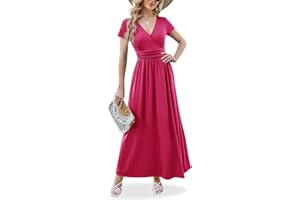 ANRILITA Maxi Dress for Women Wrap V Neck Short Sleeve Empire Pleated Waist Summer Casual Elegant Long Dress with Pockets