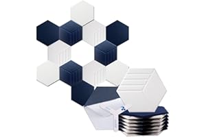 Mollywell Hexagon Acoustic Panels, Carved Patterns, Soundproofing, Decorative Noise Reduction Felt Wall Tiles for Ceilings, Home Office & Gaming Room (Deep Blue and White), 14x12x0.4 Inch