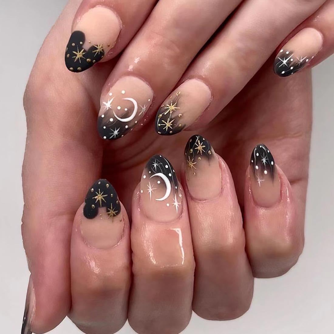 Cubahop 24pcs Almond Halloween Nails Full Cover Demon Snake Glitter Powder Starry Sky Fake Nails Gradient Stick on Nails for Women and Girls (Black3)