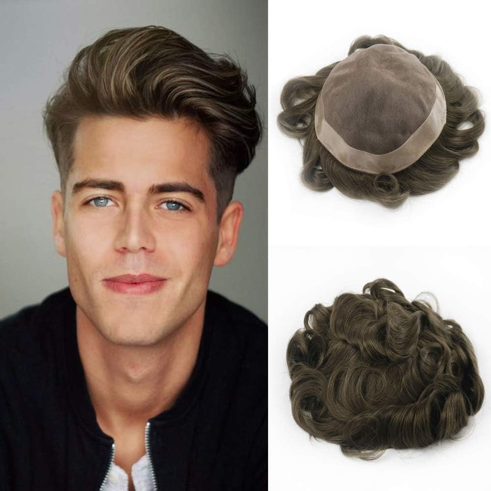 Replacement Systems Mono Lace Pu Poly Around Ash Color Remy Hair Toupee Mens Hair Piece Stock (8"x10", 130% density ASH#)